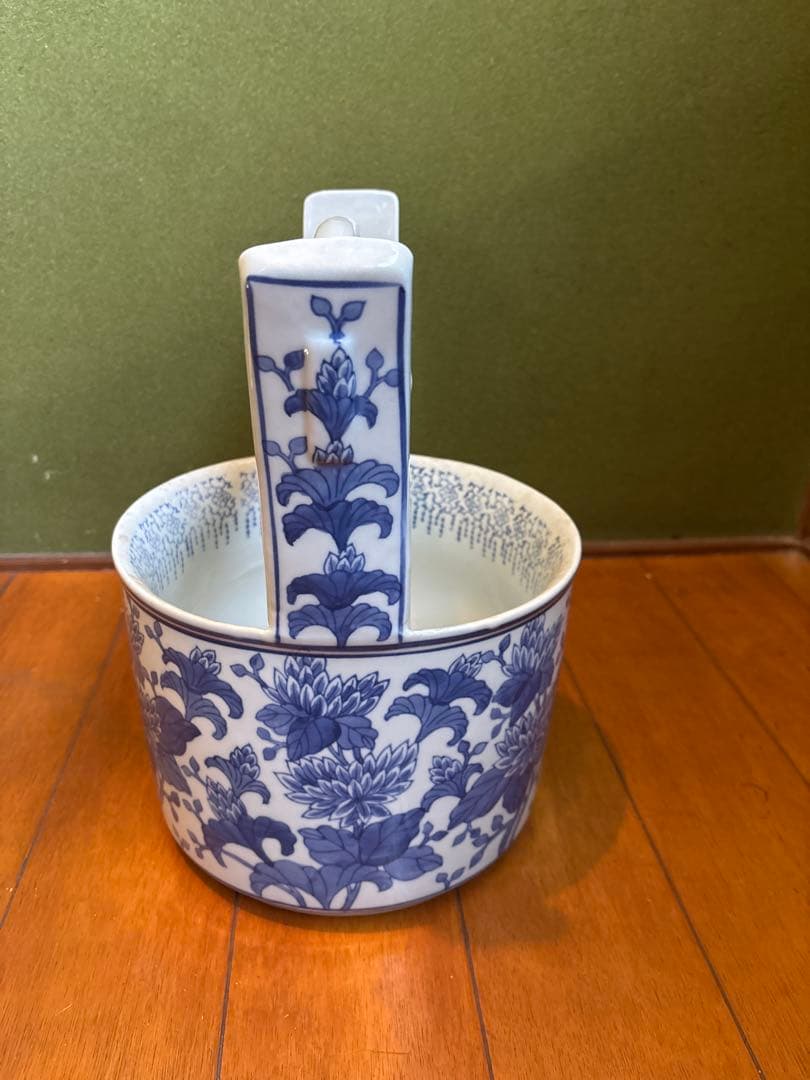 染付 手桶形 花器 底部銘あり 昭和期 華道具 花入 陶磁器