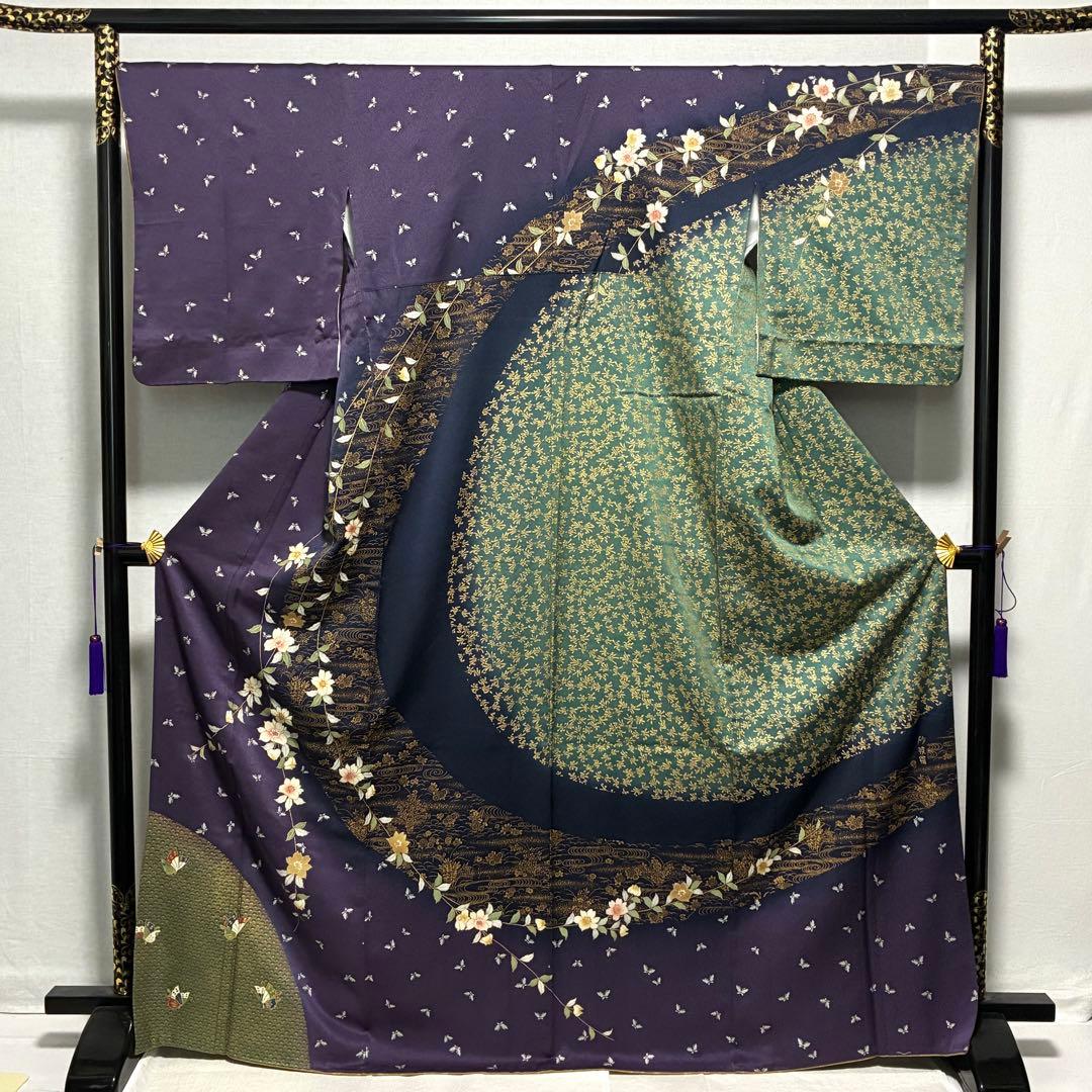 D88 訪問着 花模様 蝶々 流水 金彩 正絹 着物 袷 極美品