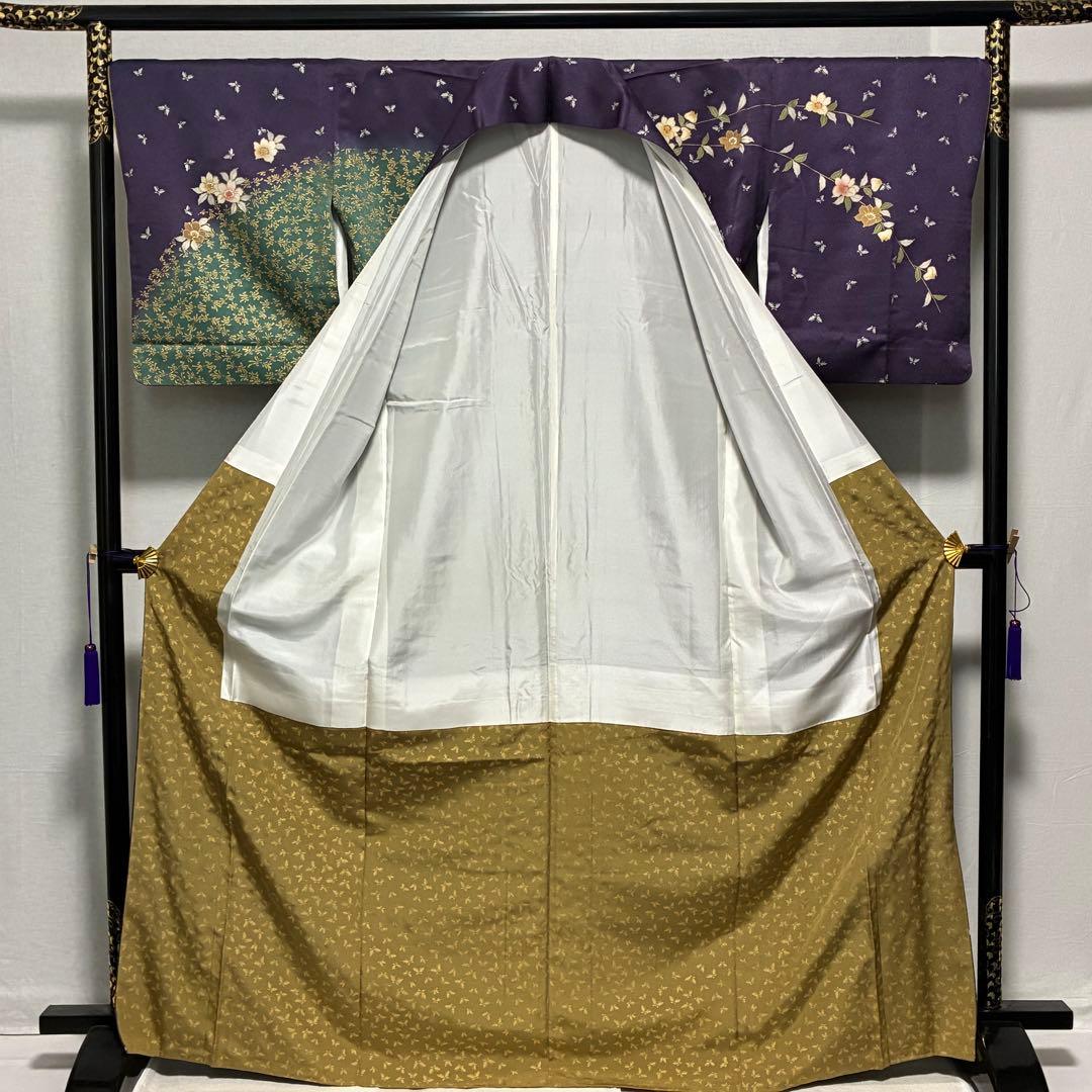 D88 訪問着 花模様 蝶々 流水 金彩 正絹 着物 袷 極美品