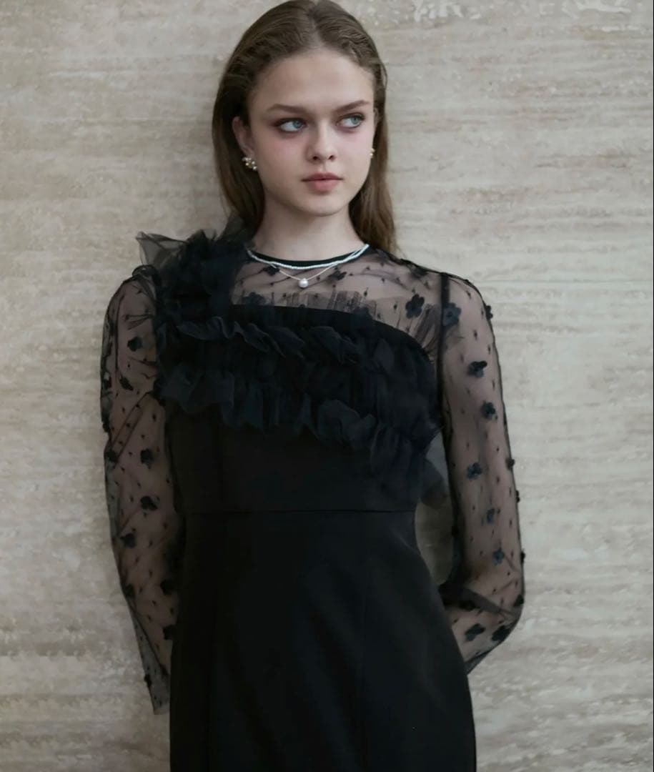 LEJA フラワーモチーフアシンメトリーチュールマーメイドワンピースドレス