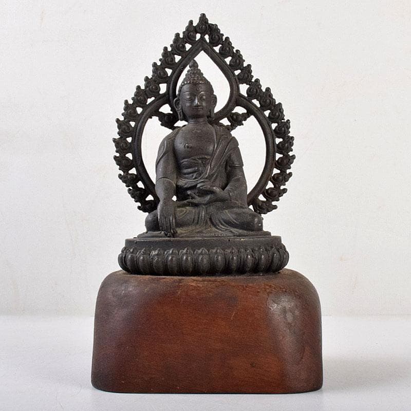 中国　古銅　チベット仏　仏像　置物　木製台座付　M　R9063