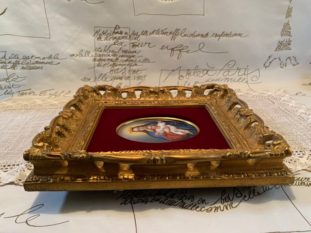 ドイツ製　破格！アンティーク聖母子の陶板額装品！色が綺麗でマリア様が優しい！