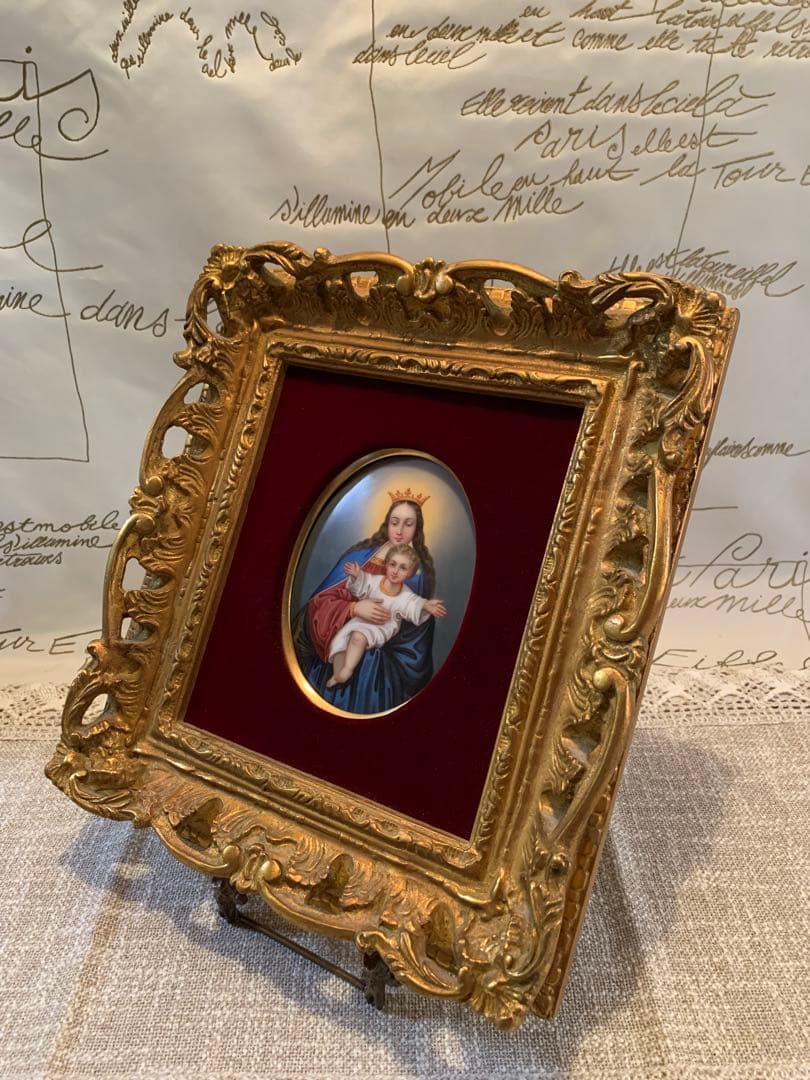 ドイツ製　破格！アンティーク聖母子の陶板額装品！色が綺麗でマリア様が優しい！