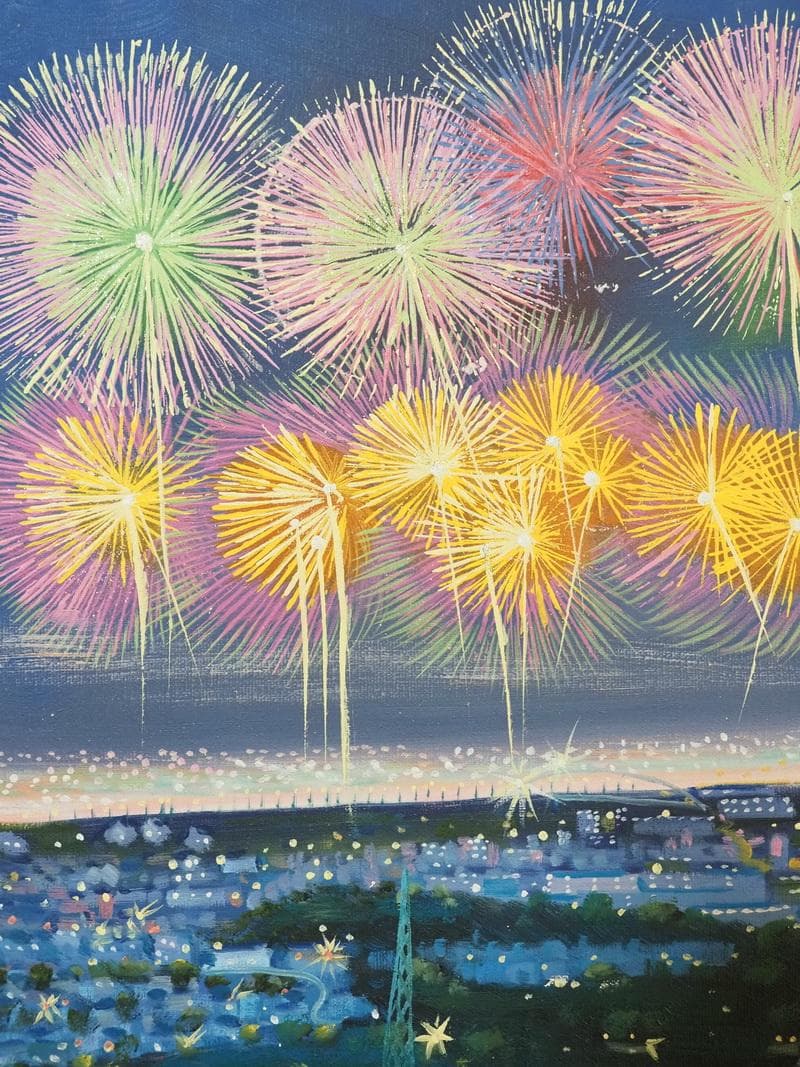 風景画　油絵　山下清　花火　F6　額付き　手描き　肉筆