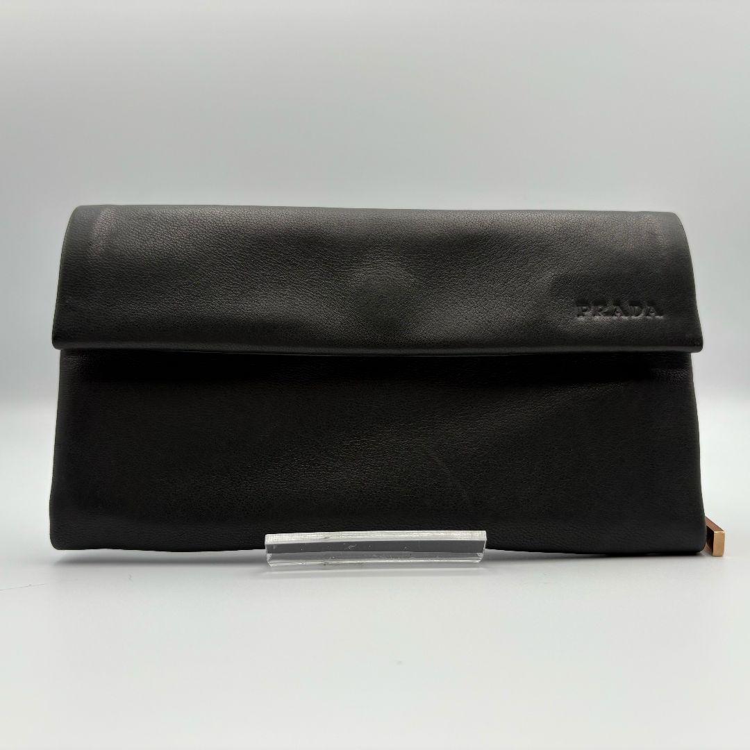 美品　プラダ　ソフトレザー　長財布　ポーチ　ロゴ刻印　ゴールド金具　ダークグレー
