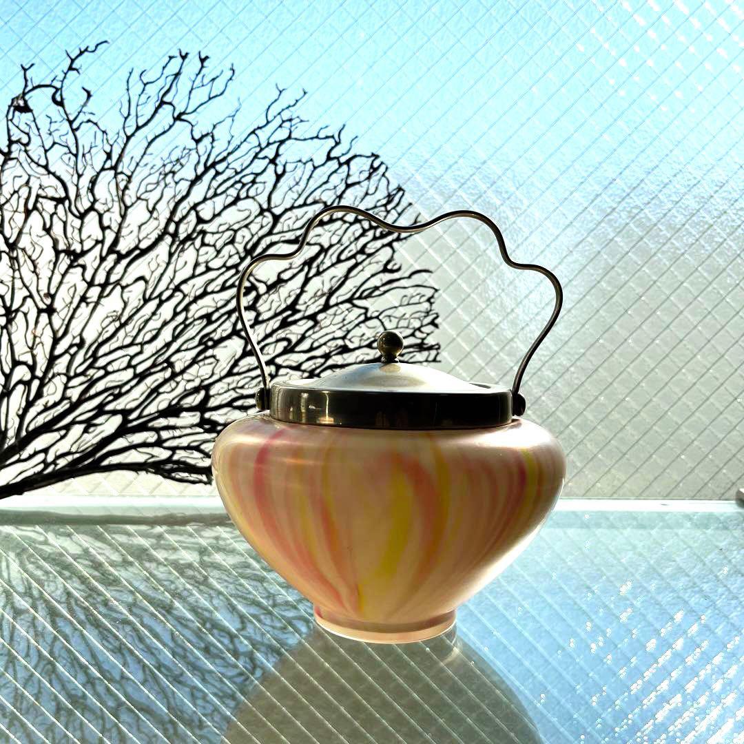 骨董　時代ガラス　パール調ラスター　希少　ドーム型　ビスケットジャー　菓子器