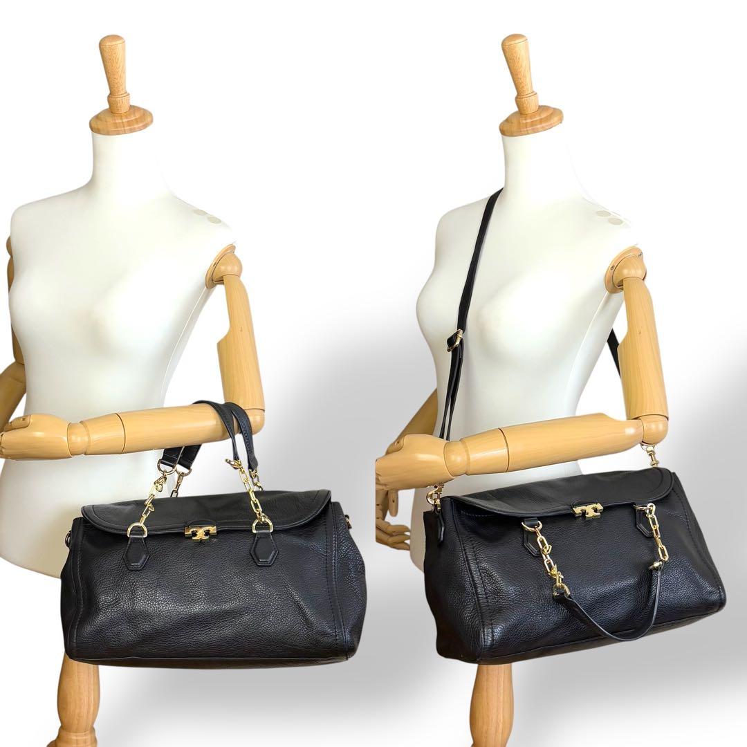 トリーバーチ ハンドバッグ 2way レザー 黒 ブラック 金具ロゴ チェーン