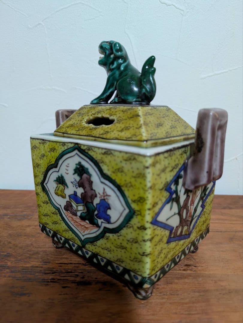 骨董 古九谷 色絵 角福 印 獅子 香炉
