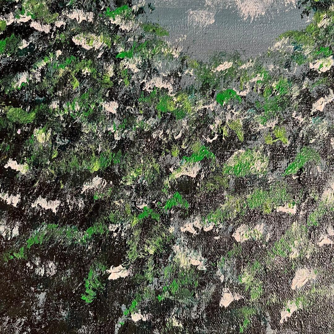 手書き油絵 緑月 額付 肉筆絵画 インテリア 油彩画