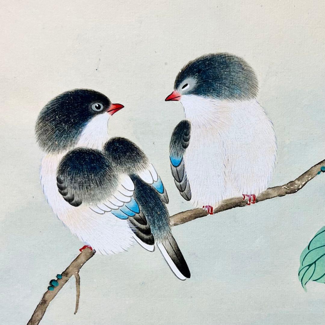 【本表装】肉筆掛け軸花鳥画　細筆画「双鳥図」美術品　絵画　和室　茶室　床の間