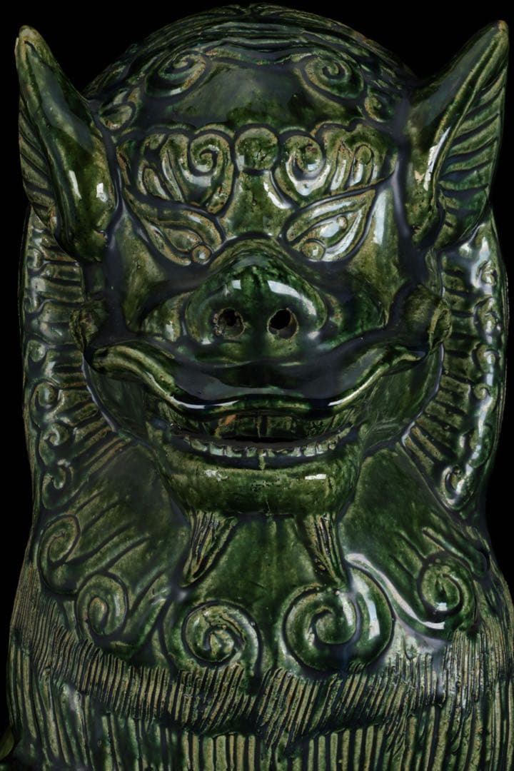 中国古玩 緑釉 獅子像 狛犬 フー犬 フードッグ 古陶磁器 大型62㎝ 古美術