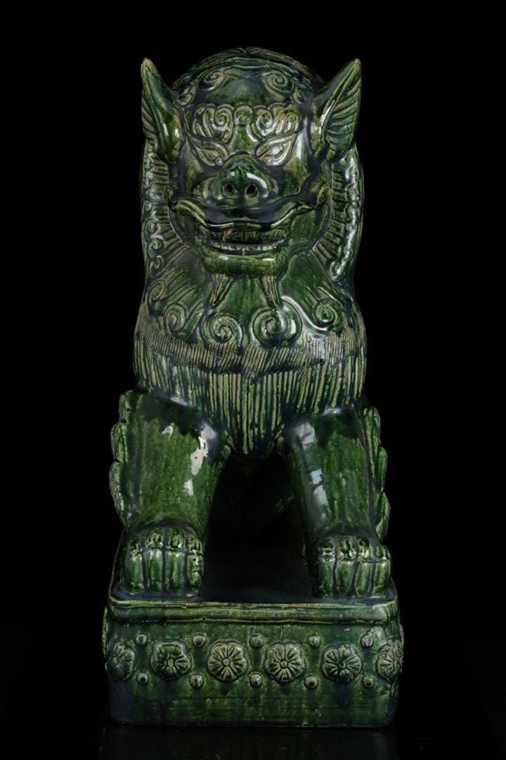 中国古玩 緑釉 獅子像 狛犬 フー犬 フードッグ 古陶磁器 大型62㎝ 古美術