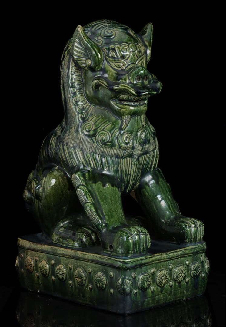 中国古玩 緑釉 獅子像 狛犬 フー犬 フードッグ 古陶磁器 大型62㎝ 古美術