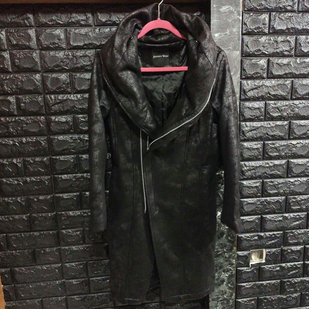 美品　JOHNNY WOLF　豹柄　BIGフーデッドロングライダースコート