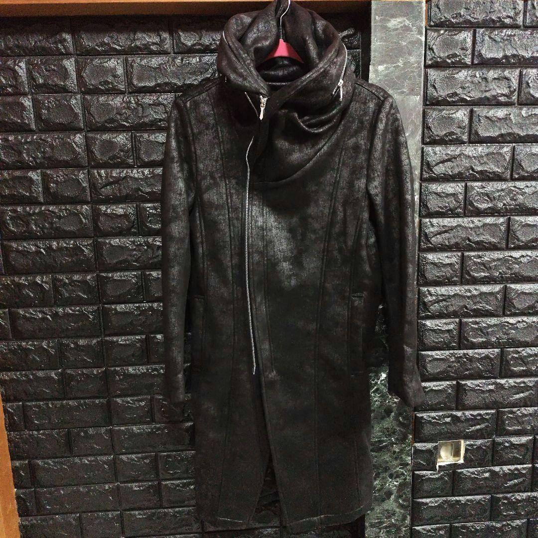 美品　JOHNNY WOLF　豹柄　BIGフーデッドロングライダースコート