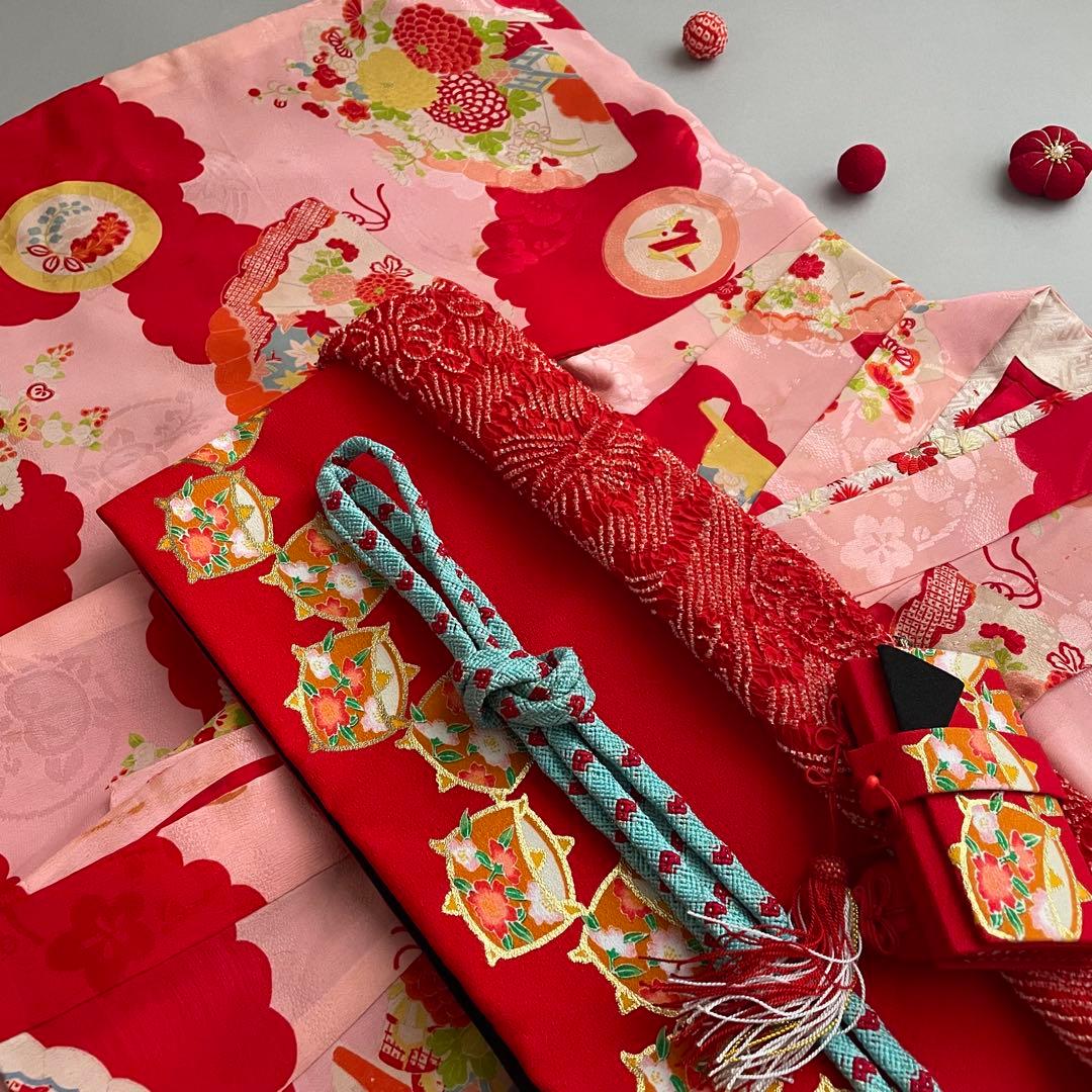 七五三　アンティークお着物セット　３歳〜　作り帯コーデ　髪飾り付き