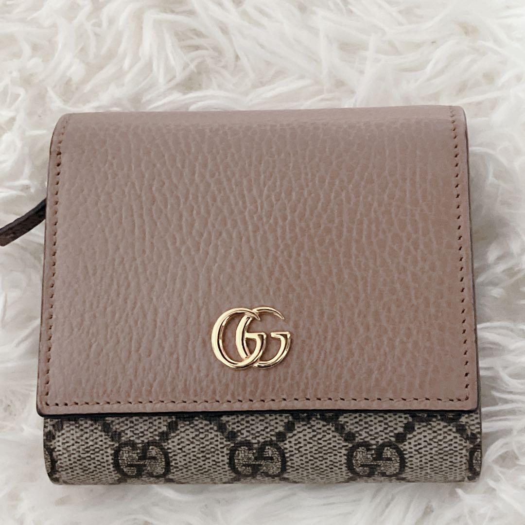 美品 GUCCI 財布 ピンク GGマーモント二つ折り スプリーム バイカラー