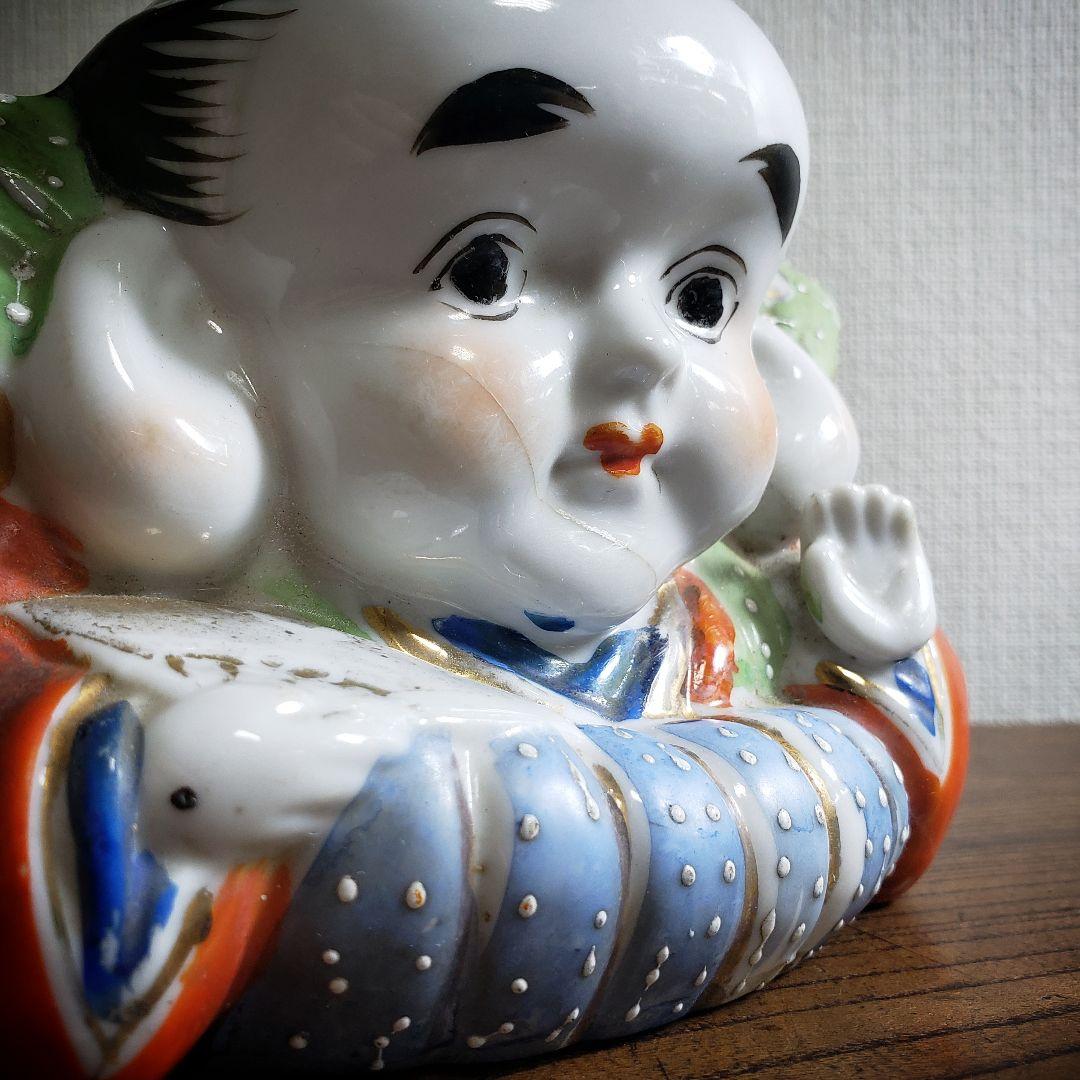 福助　置物　アンティーク 古い 福助人形 手招き 縁起物 商売繁盛 色絵 時代品