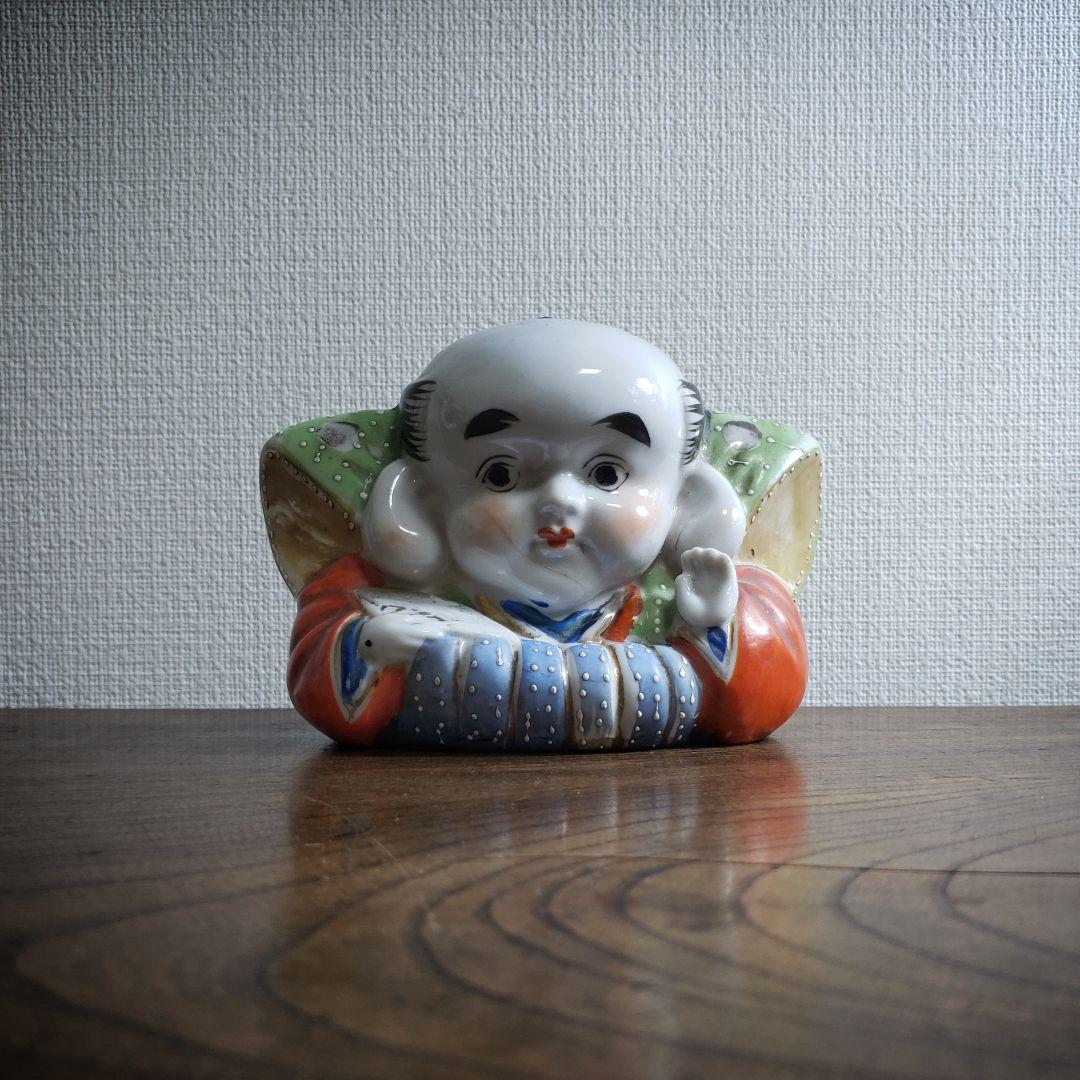 福助　置物　アンティーク 古い 福助人形 手招き 縁起物 商売繁盛 色絵 時代品