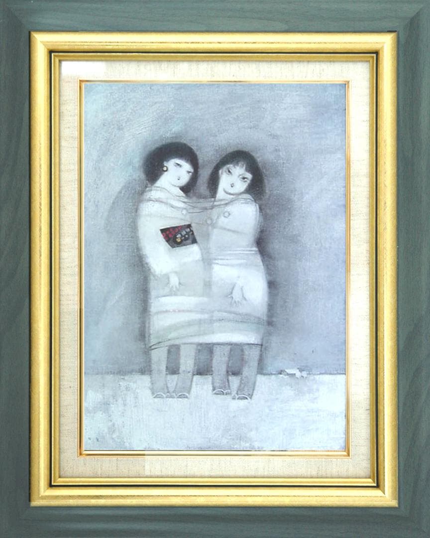 油絵 菅家令子 絵 絵画インテリア額付(黒) F4-42023 人物 雪国の子供