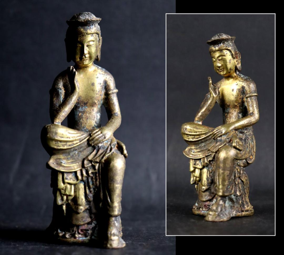 朝鮮仏教美術 銅製鍍金 弥勒菩薩半跏思惟像 11.5㎝ 時代古玩