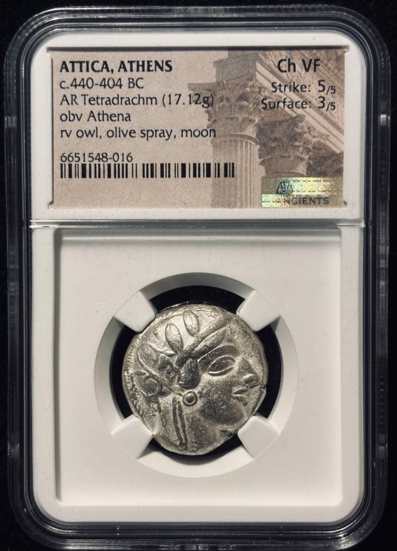 【NGC鑑定 VF+打刻満点 5/5】紀元前ギリシャ アテネ女神とフクロウ 銀貨