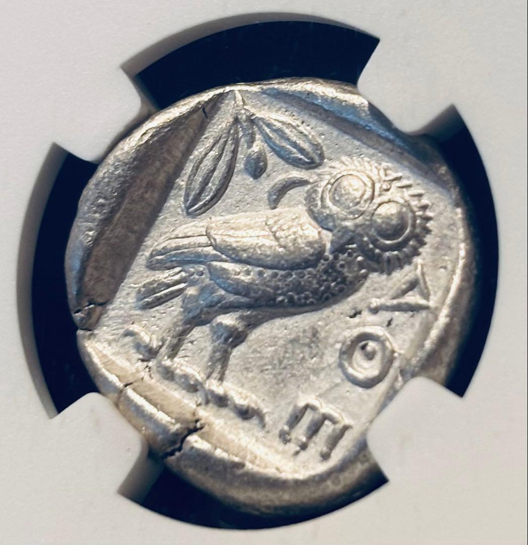 【NGC鑑定 VF+打刻満点 5/5】紀元前ギリシャ アテネ女神とフクロウ 銀貨