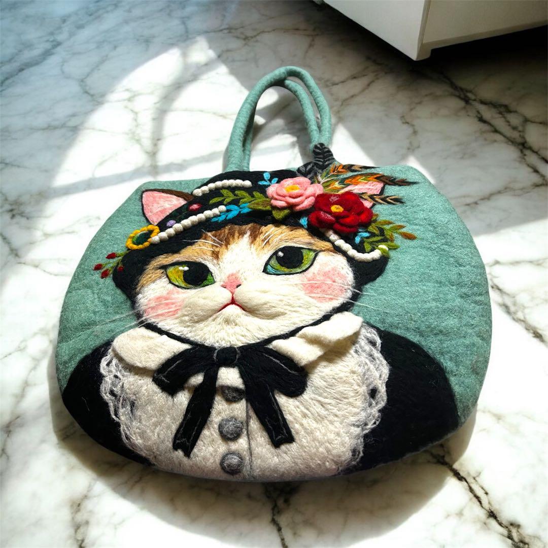 【レア❤️】ショルダータイプ　羊毛立体フェルトバッグ　ハンドメイド　猫バッグ　A4