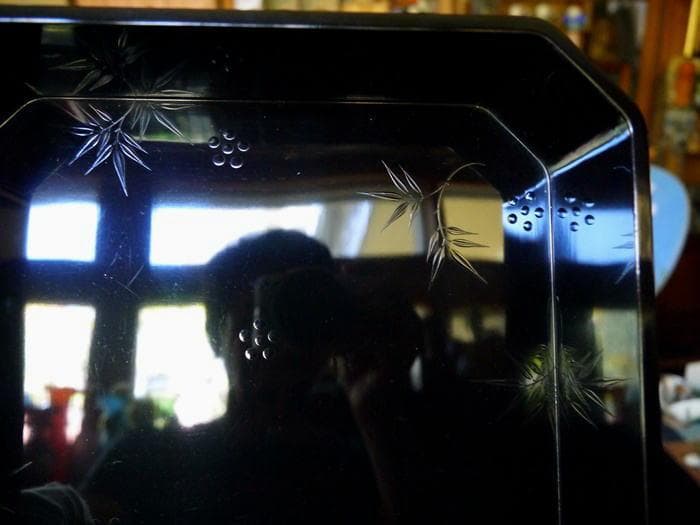 茶道具　縁高　岡田表寛造　呂色塗　竹梅文　銘有り　菓子器　共箱　美品