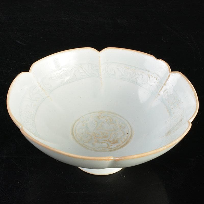 中国　影青　蓮弁刻　輪花盃　盃台　M　7291E