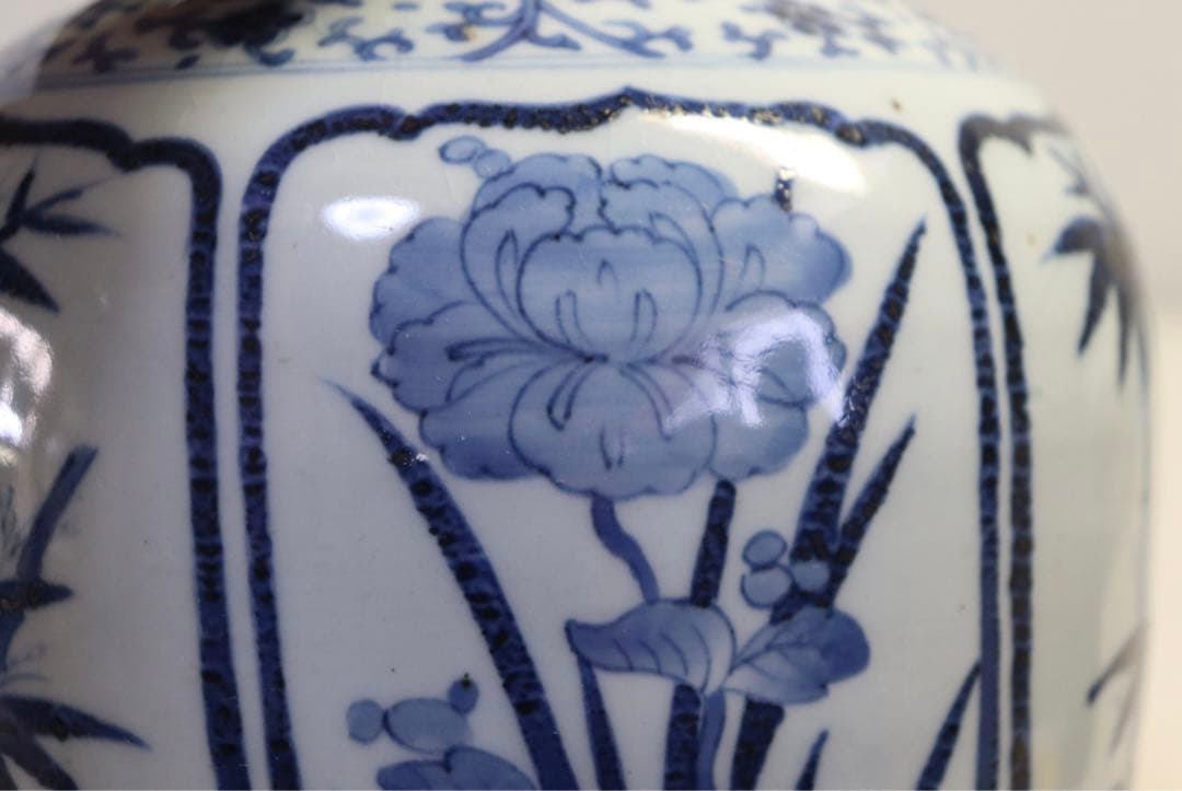 時代　染付壺　竹&菖蒲紋　送料込み0915