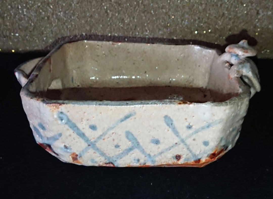 美品 志野焼(美濃焼)『絵志野 閑人取手 四方片口』骨董 アンティーク