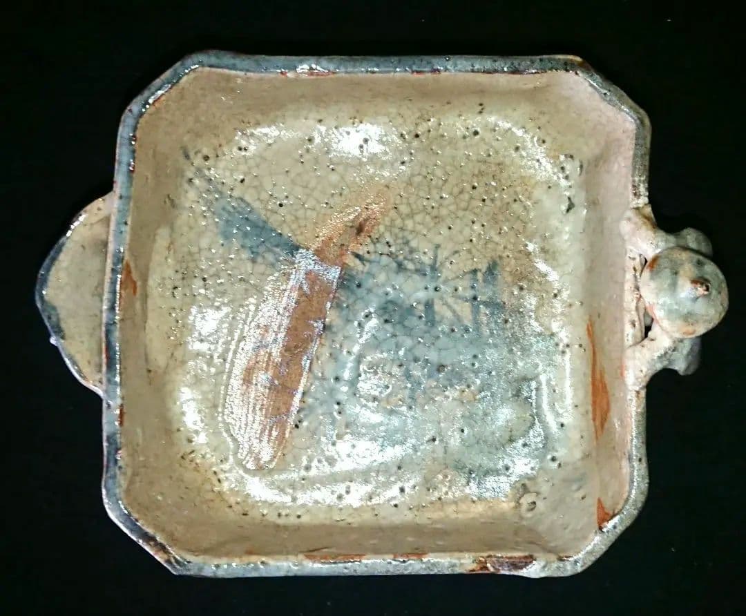 美品 志野焼(美濃焼)『絵志野 閑人取手 四方片口』骨董 アンティーク