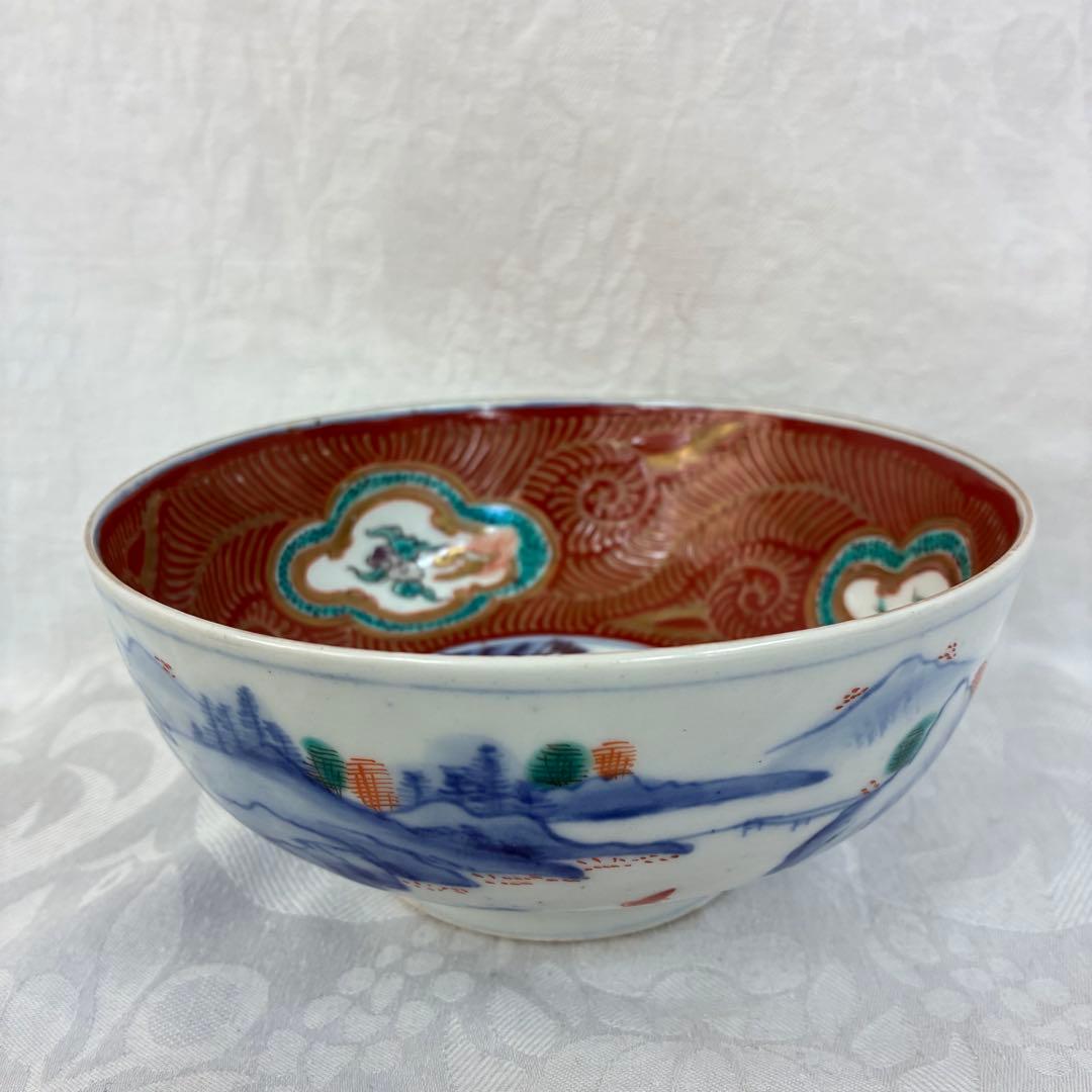 古伊万里 中鉢 赤絵 窓絵龍 山水 金彩 骨董品