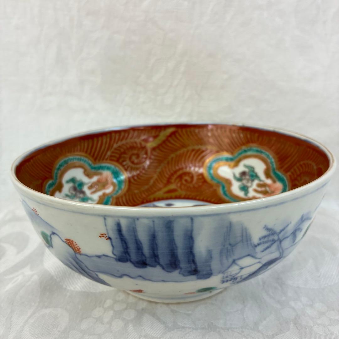 古伊万里 中鉢 赤絵 窓絵龍 山水 金彩 骨董品
