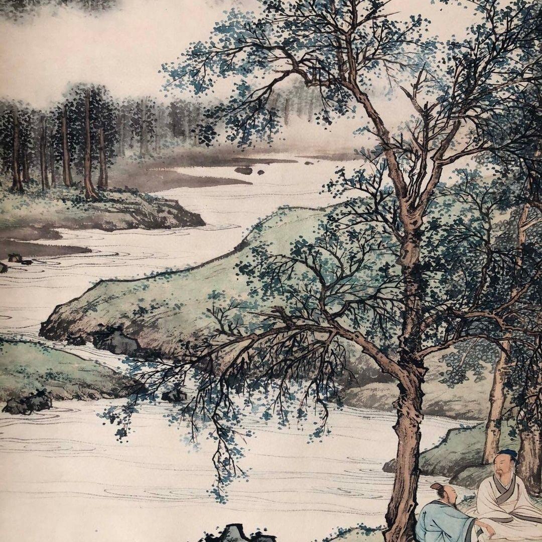 中国画 掛け軸 陈少梅《小邨山景》 三尺 中堂 掛け軸／実物撮影 水墨画