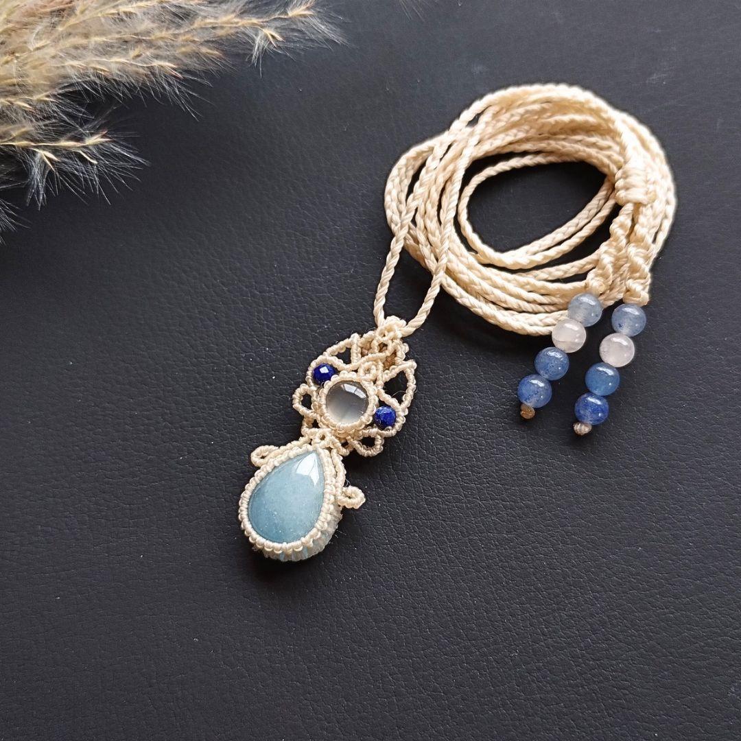 【特別価格】ストロベリークォーツ＆クンツァイトのマクラメ編みネックレス　天然石他