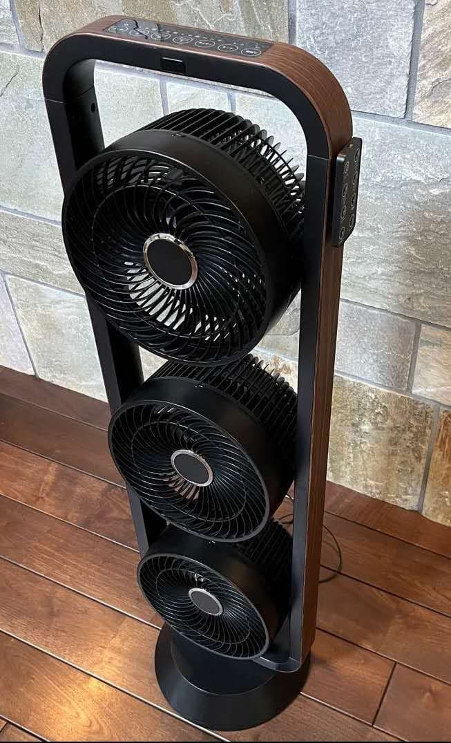 縦型 ブラックマルチファン3連タワーファン扇風機 サーキュレーター　木目調パネル
