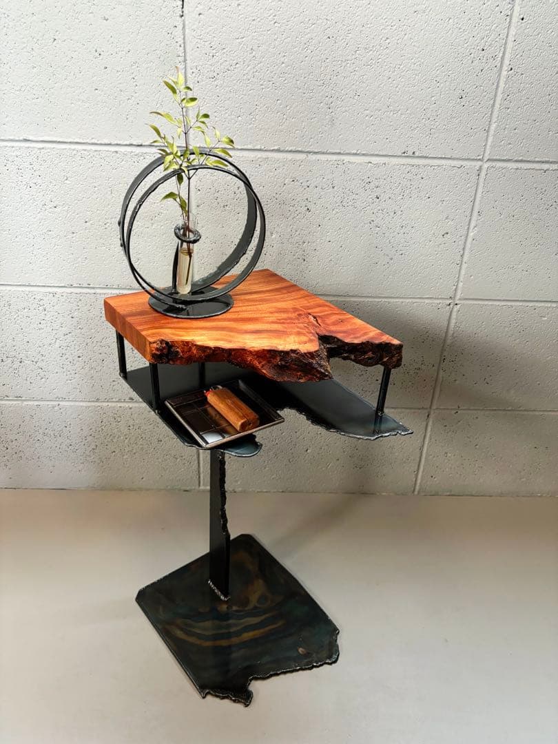 欅サイドテーブルアイアン家具観葉植物一輪挿し花台一枚板盆栽台