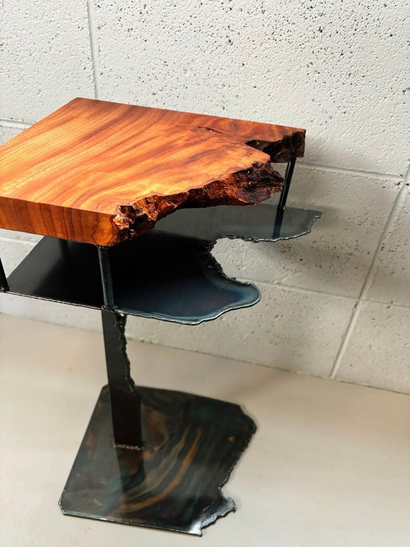 欅サイドテーブルアイアン家具観葉植物一輪挿し花台一枚板盆栽台