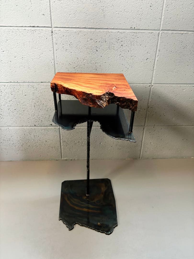 欅サイドテーブルアイアン家具観葉植物一輪挿し花台一枚板盆栽台