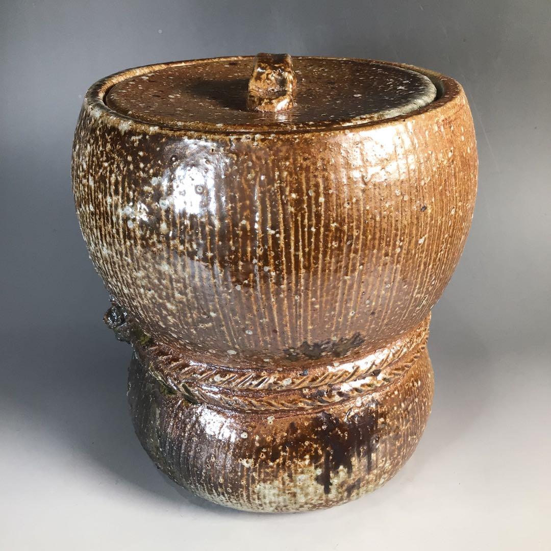 Ｎ４９３　水指　『信楽焼』『杉本忠(瑞峯)造』『胴締水指』　共箱　茶道具