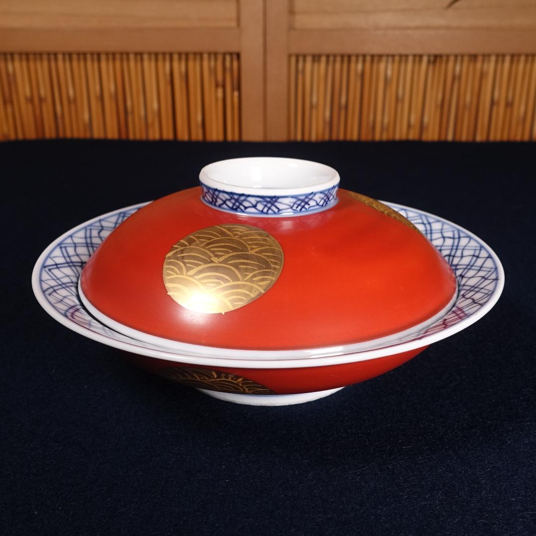 豪華絢爛 宝泉作 金襴手 青海波丸紋 平蓋碗 10客 有田焼