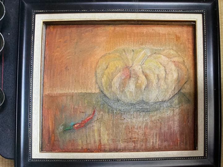 空飛ぶ画家糸川裕志の静物画、カボチャと唐辛子、油絵F 10号額入り