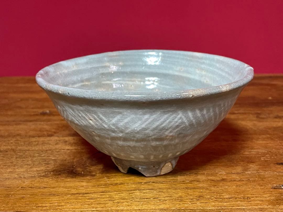 玉隆山 吉田萩苑 萩三島茶碗 裏千家十六代坐忘斎書付 共箱 美品