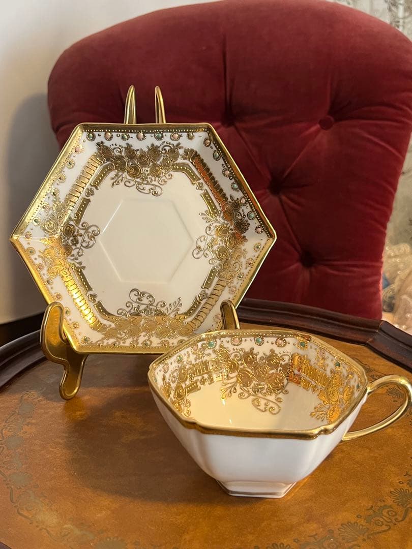 極美品　金盛り　ジュエル　六角形カップソーサー　オールドノリタケ　RCマーク