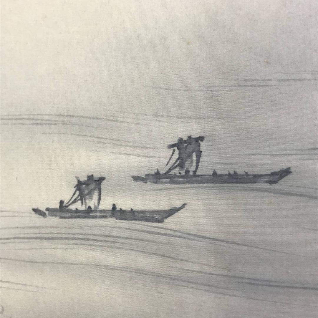 真作/岡本紫洸/山湖図/双幅/舟図/山水図/掛軸/名家伝来/AD-964