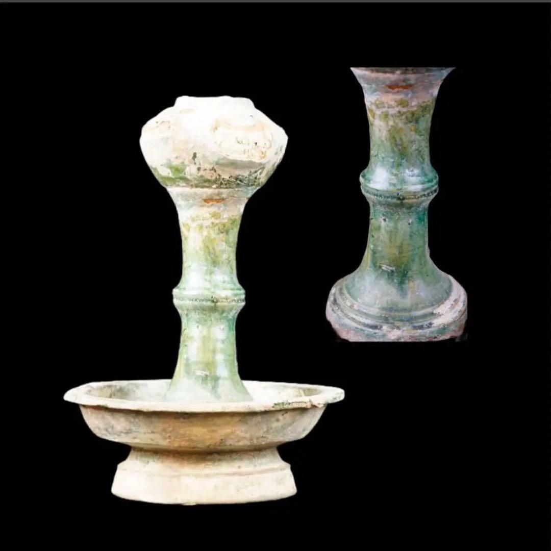 中国古玩 清朝時代 緑釉銀化 古陶 燭台 古代陶磁器 古美術 漢 李朝 高麗