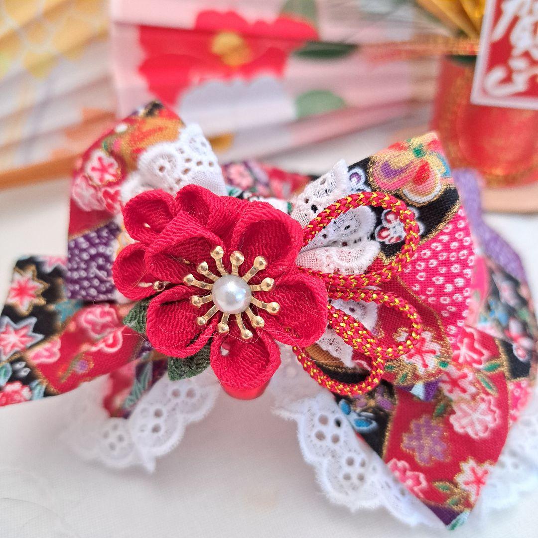 お正月仕様和風つまみ細工(赤④)わんちゃん猫ちゃん用襟つき首輪