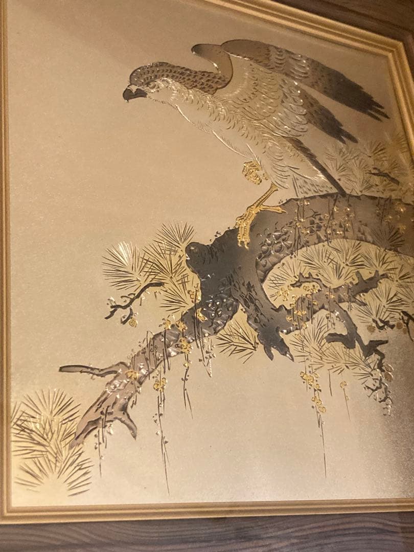 希少　堀口光彦 彫金額 松樹鷹図 金工作品 額装